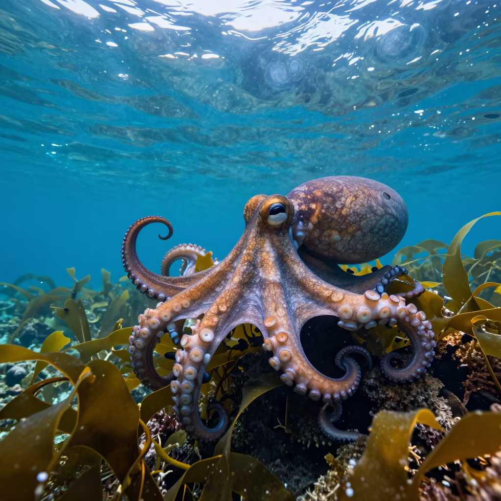 Giant Pacific Octopus Texture Change on Kelp in above a cold-water reef edge in Osaka