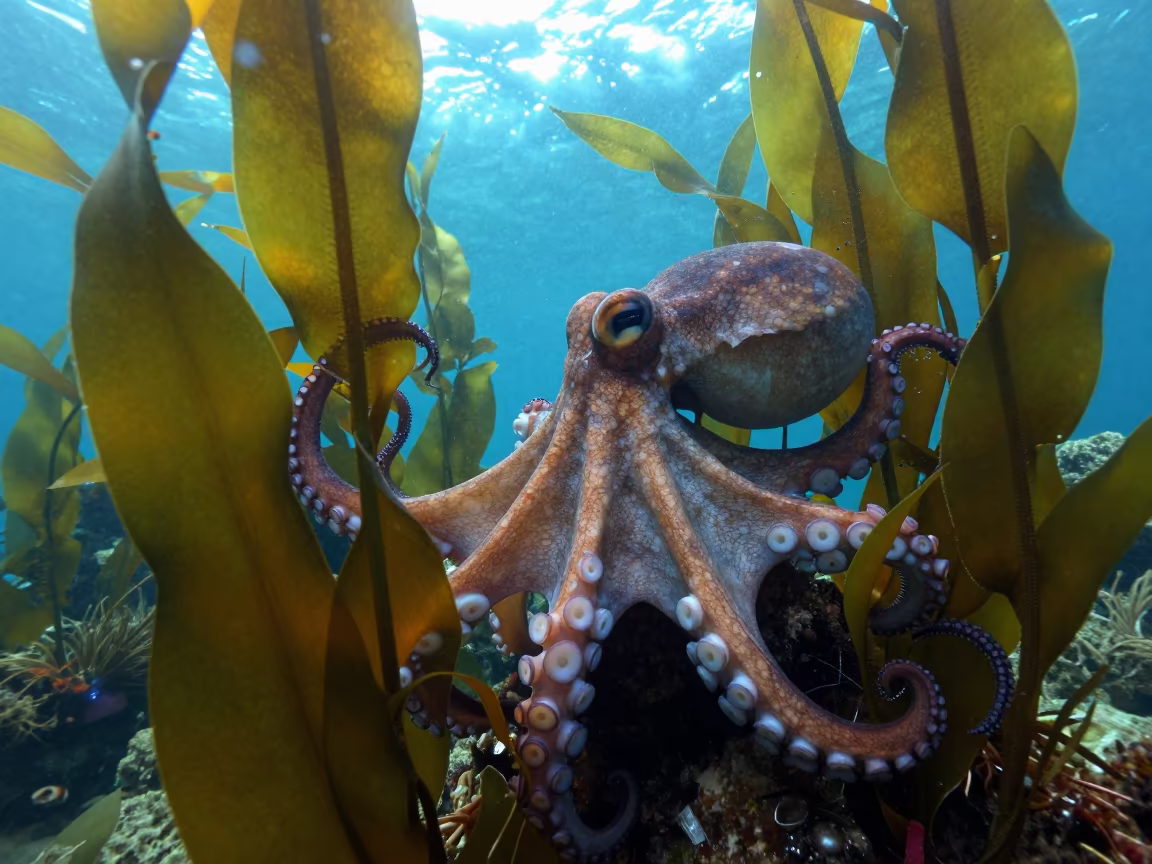 Giant Pacific Octopus Textures Against Kelp in above a cold-water reef edge in Goa