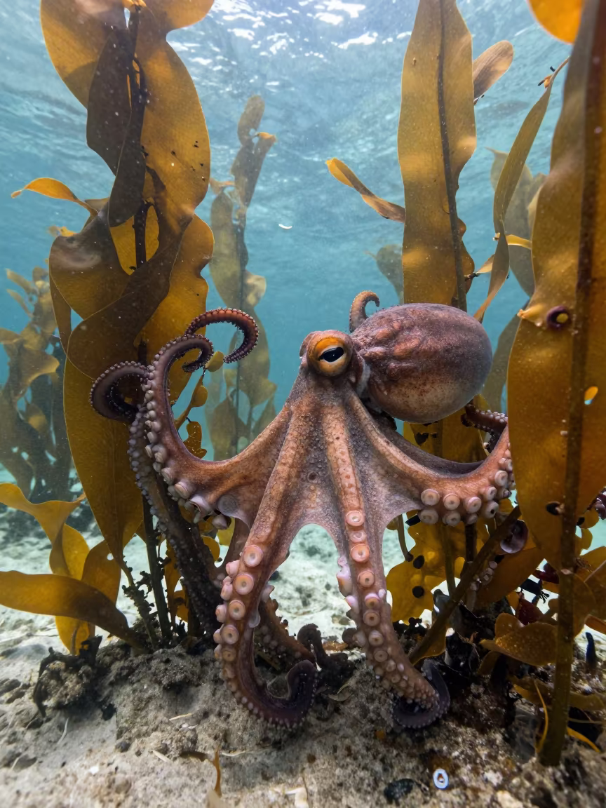 Giant Pacific Octopus Textures Against Kelp in Florida in along a seagrass channel near the coast in Florida