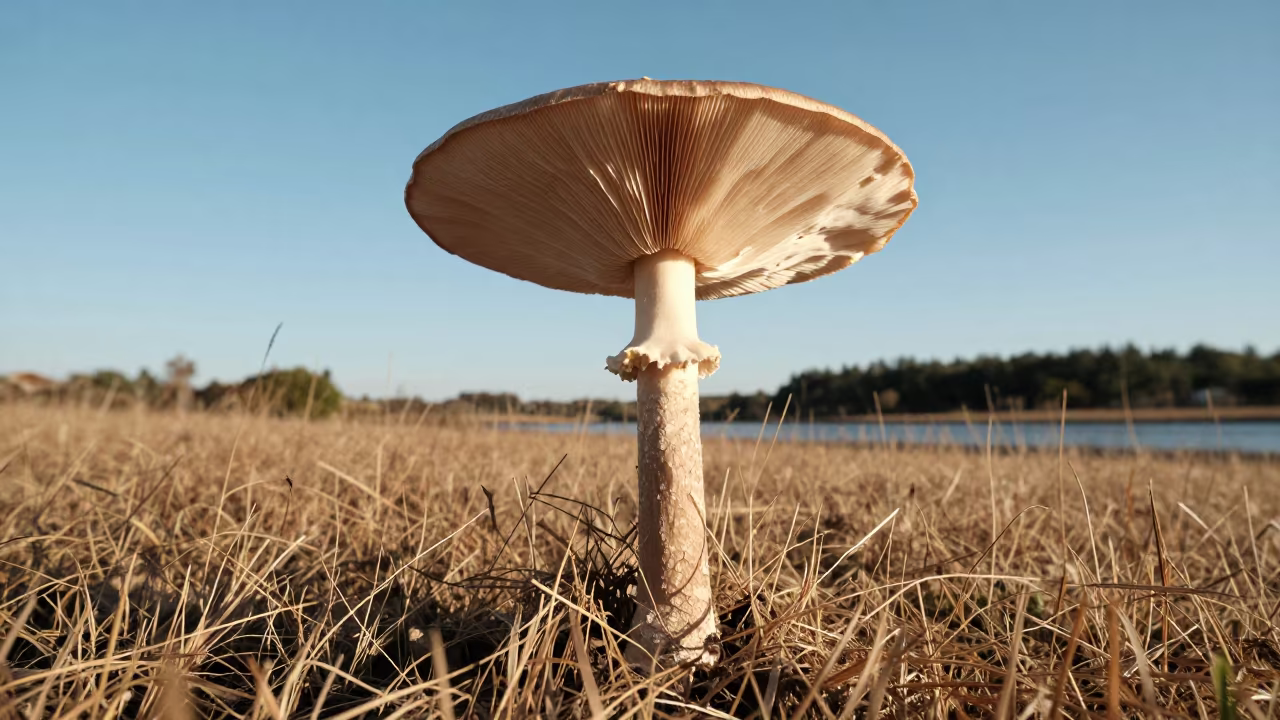 Giant Parasol Mushroom in Late Afternoon Meadow in near Gloucester