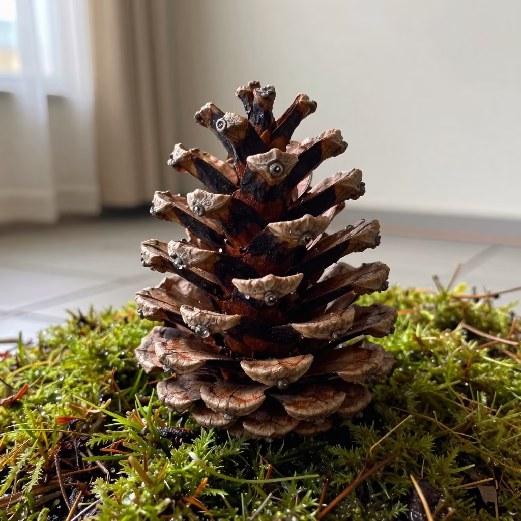 Giant Pine Cone Scales on Mossy Floor in Dakar in on dew-soaked moss in Medina, Dakar