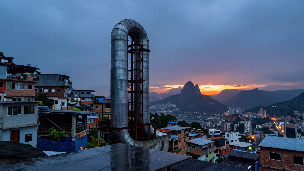 Giant Pipe Tower Over Rocinha Twilight in beside exposed structural steel near Rocinha, Rio de Janeiro