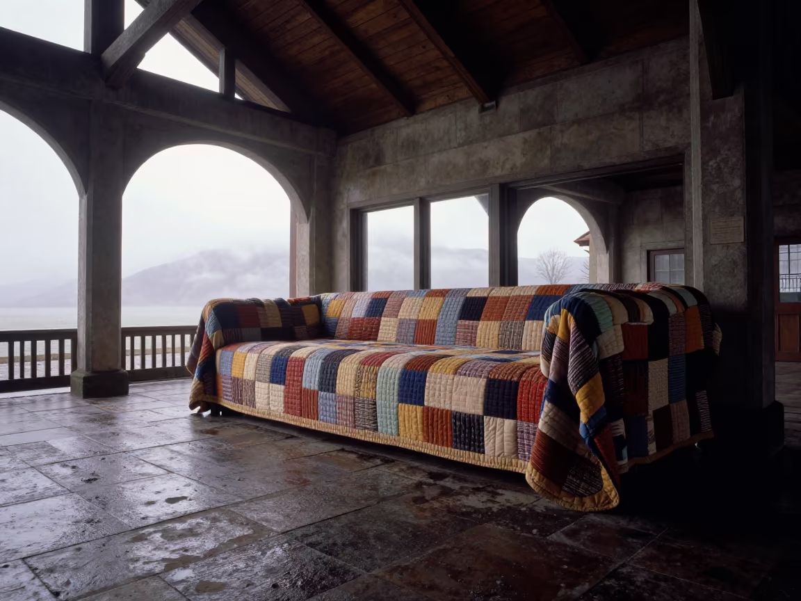 Giant Quilt Daybed Under Terminal Ceiling in inside a restored train terminal in Kingston