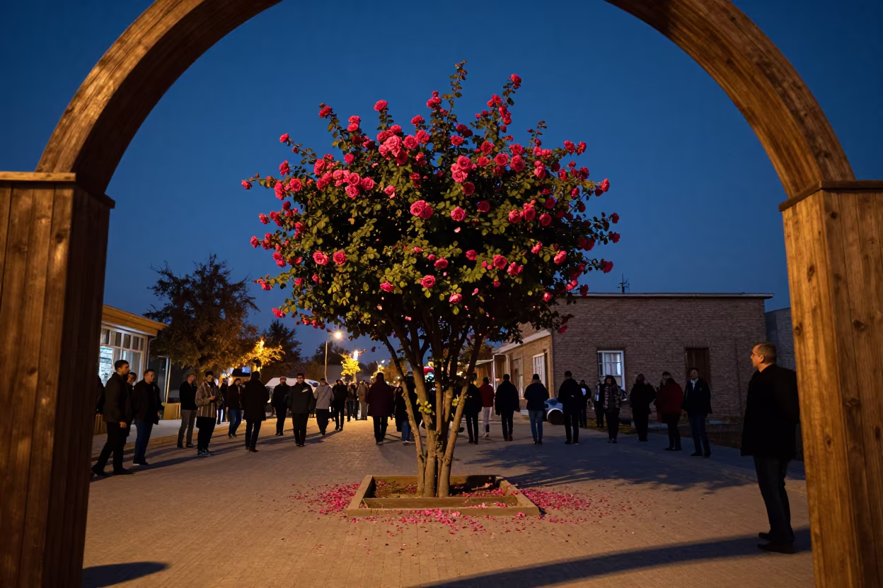 Giant Rose Tree at Armenian Vardavar Festival Night in at a festival street procession near Musturud