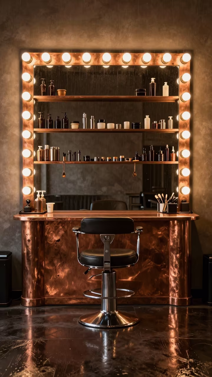 Giant Salon Shelf Mirror Venice Monsoon in at a barber station beneath mirror bulbs in Venice