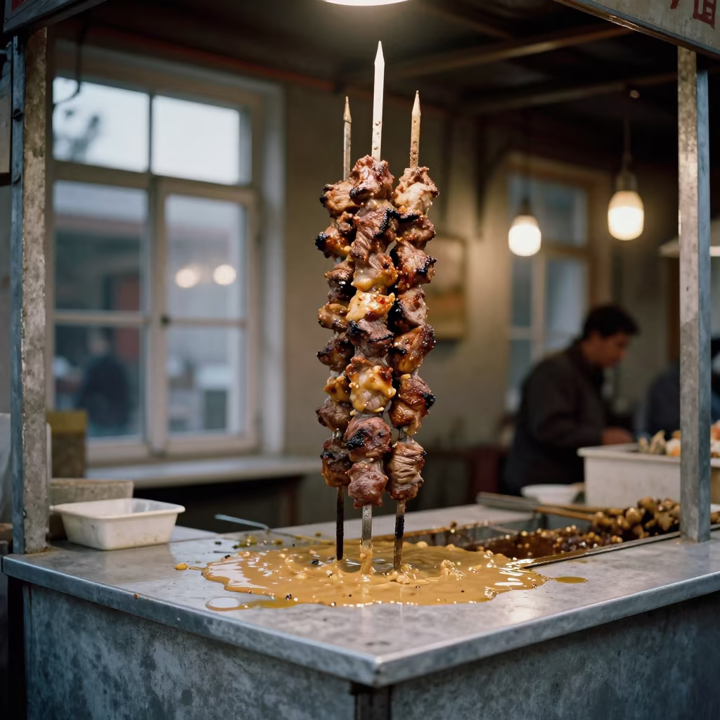 Giant Satay Skewer Tower in Kokand Market in at a market stall counter in Kokand