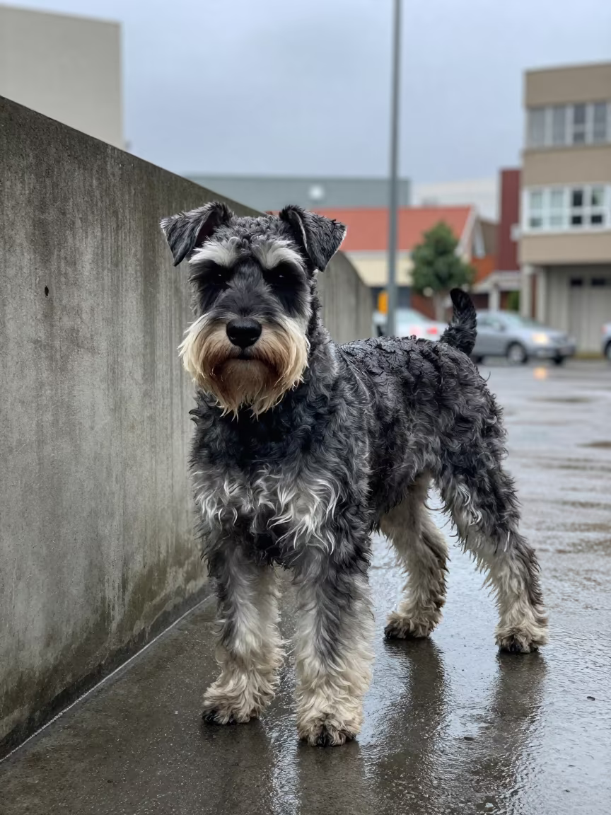 Giant Schnauzer in Callao Courtyard Rain in beside a plain courtyard wall in clear daylight with the animal at eye level in Callao