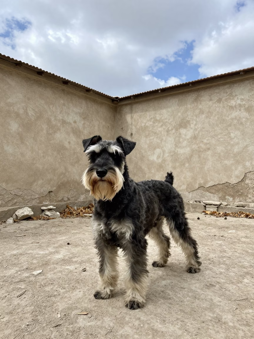 Giant Schnauzer in Kahramanmaraş Courtyard in beside a plain courtyard wall in clear daylight with the animal at eye level near Kahramanmaraş