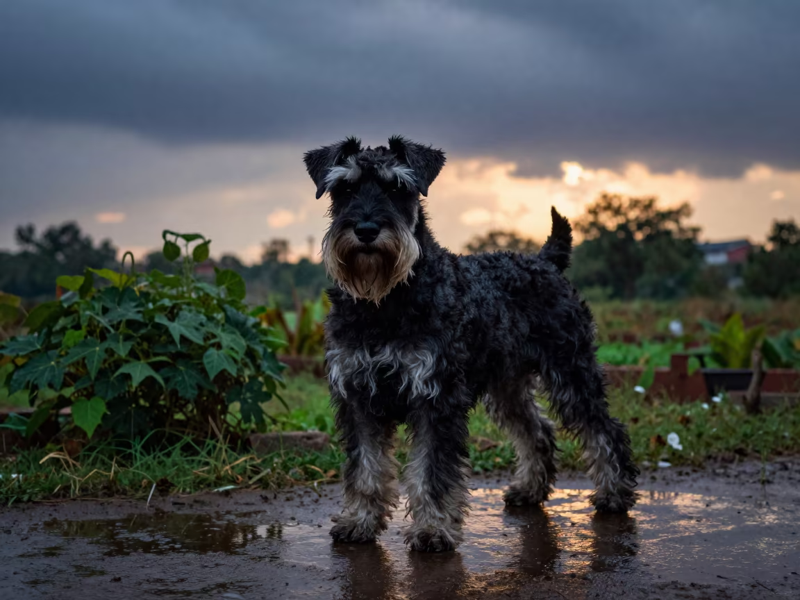 Giant Schnauzer in Rainy Garden Twilight in near a garden edge with soft morning light and an uncluttered background in Bhilai