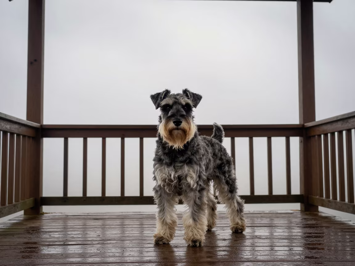 Giant Schnauzer on Shaded Sohag Porch in on a shaded front porch with boards, railings, and eye-level framing in Sohag