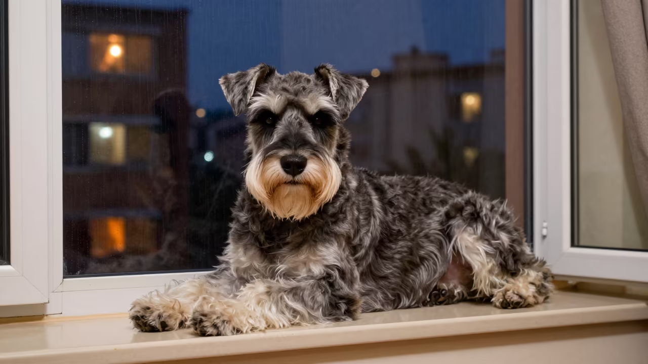 Giant Schnauzer on Window Seat in Rainy Night Firelight in on a window seat in a quiet apartment with soft side light near Morogoro