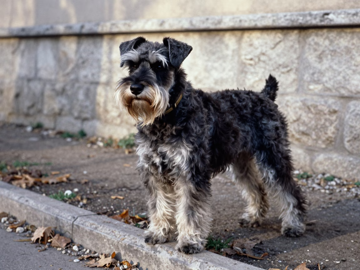 Giant Schnauzer Portrait in Ankara Garden in near a garden edge with soft morning light and an uncluttered background in Ankara