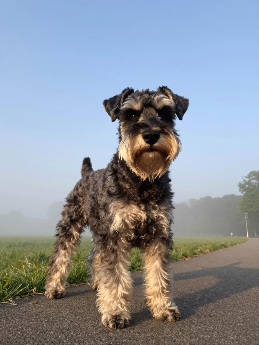 Giant Schnauzer Portrait in Burlington Park Shade in along a quiet park path with soft open shade and a clean background near Burlington