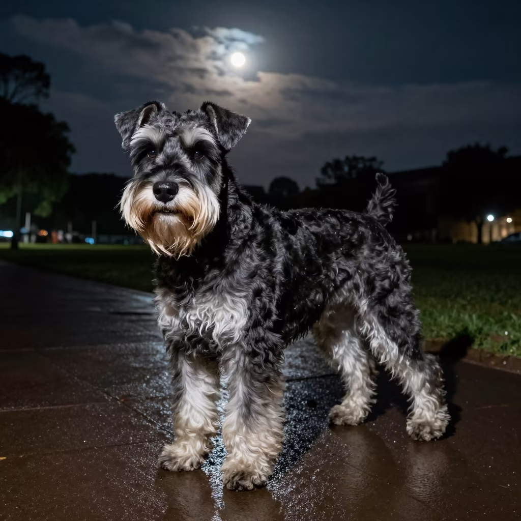 Giant Schnauzer Portrait in Kinshasa Night Shade in along a quiet park path with soft open shade and a clean background in Kinshasa