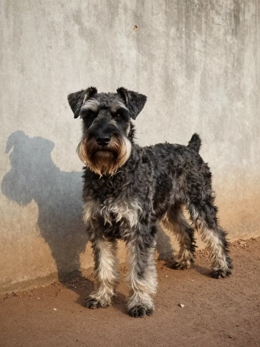 Giant Schnauzer Portrait in Masvingo Courtyard in beside a plain courtyard wall in clear daylight with the animal at eye level in Masvingo