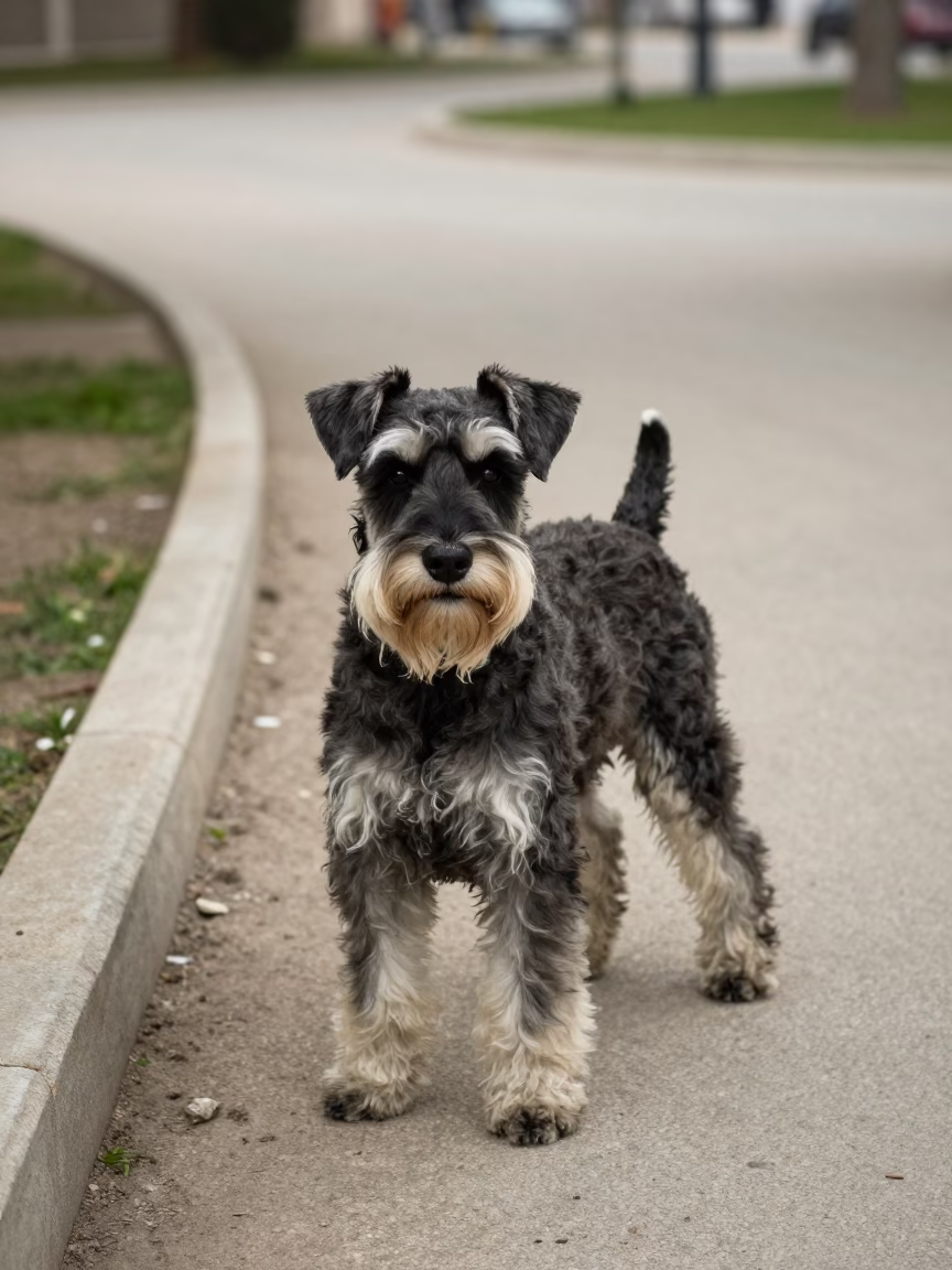 Giant Schnauzer Portrait in Mersin Park Shade in along a quiet park path with soft open shade and a clean background in Mersin