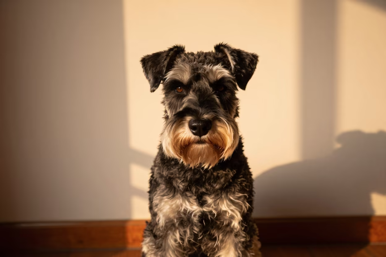 Giant Schnauzer Portrait in Muzaffargarh Home in beside a plain plaster wall in soft indoor light with the animal centered in frame in Muzaffargarh