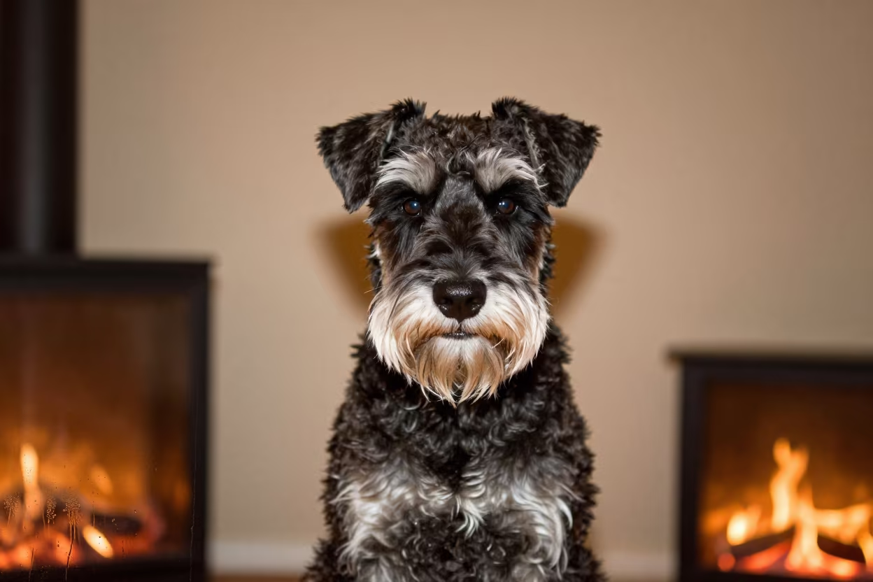 Giant Schnauzer Portrait in Warm Firelight in in a quiet portrait studio with a plain backdrop and eye-level framing near Victoria