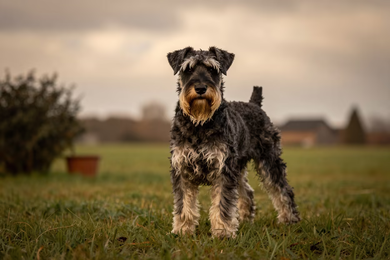 Giant Schnauzer Portrait in Wet Season Yard in in a small yard with clipped grass, calm light, and the animal centered in frame near Vavoua