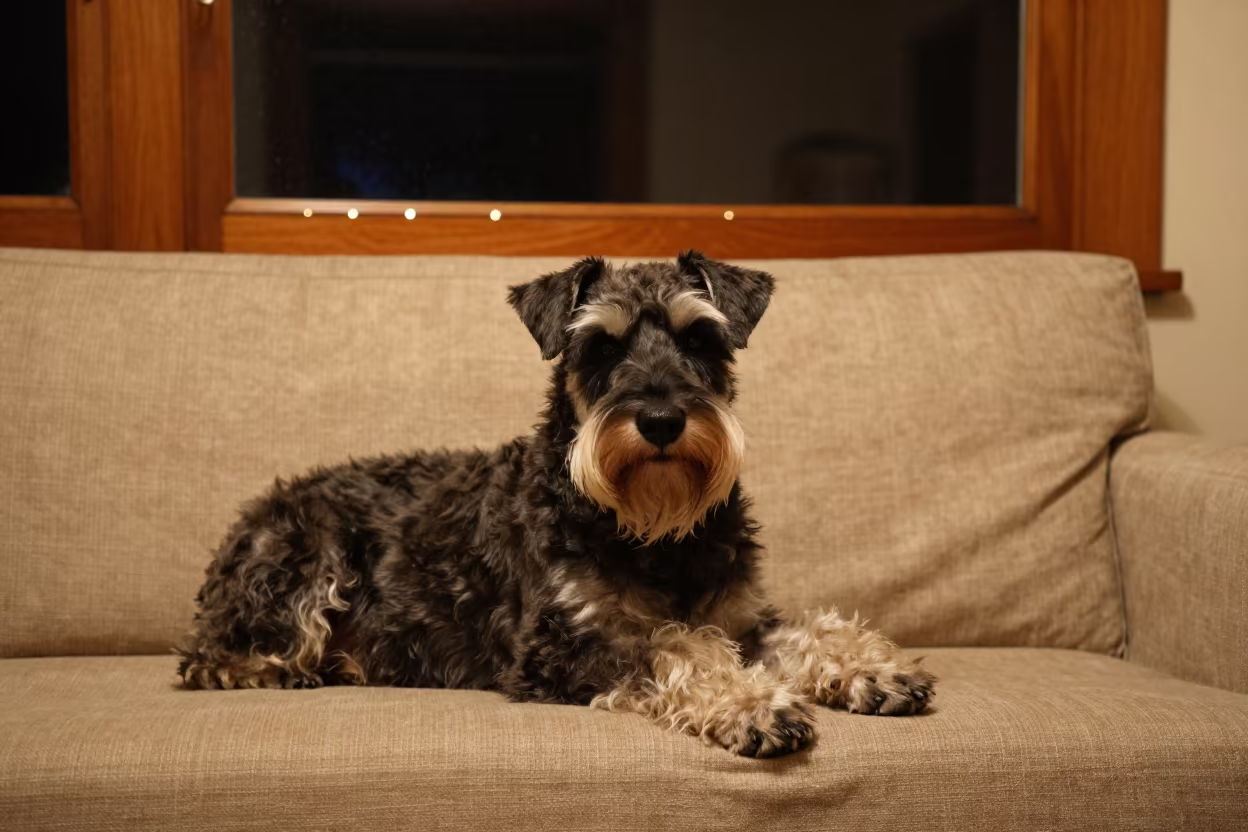Giant Schnauzer Resting on Linen Sofa in Firelight in on a linen sofa with daylight from a nearby window near Vadodara