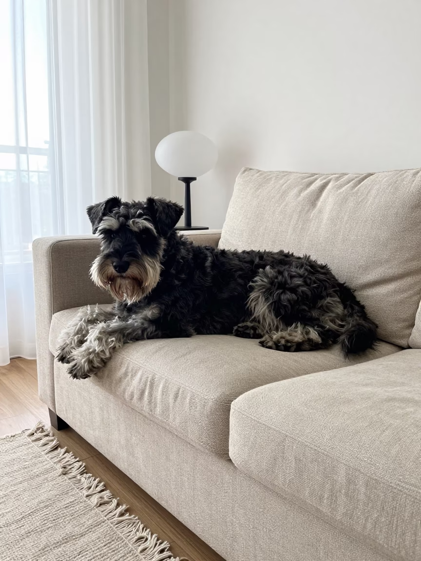 Giant Schnauzer Resting on Linen Sofa Near Samsun Window in on a linen sofa with daylight from a nearby window near Samsun