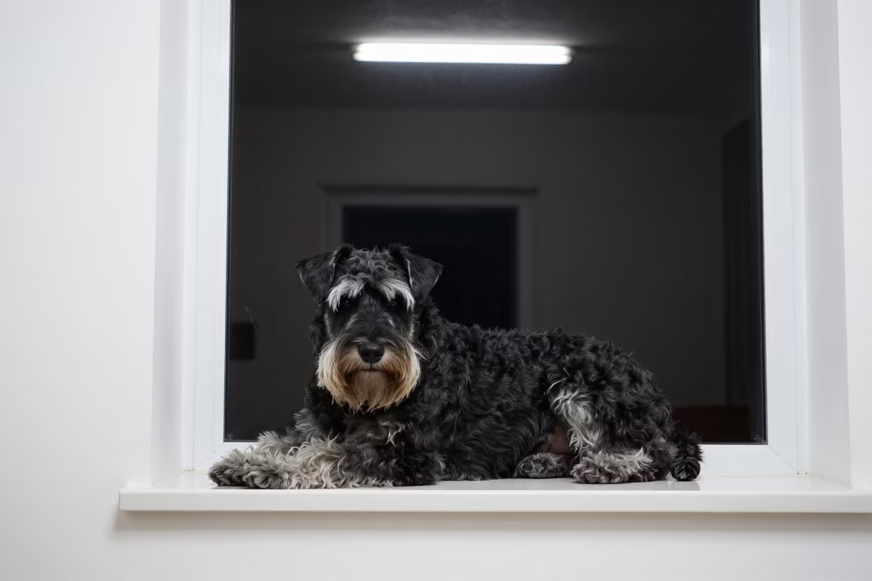 Giant Schnauzer Resting on Window Seat Night in on a window seat in a quiet apartment with soft side light near New Borg El Arab