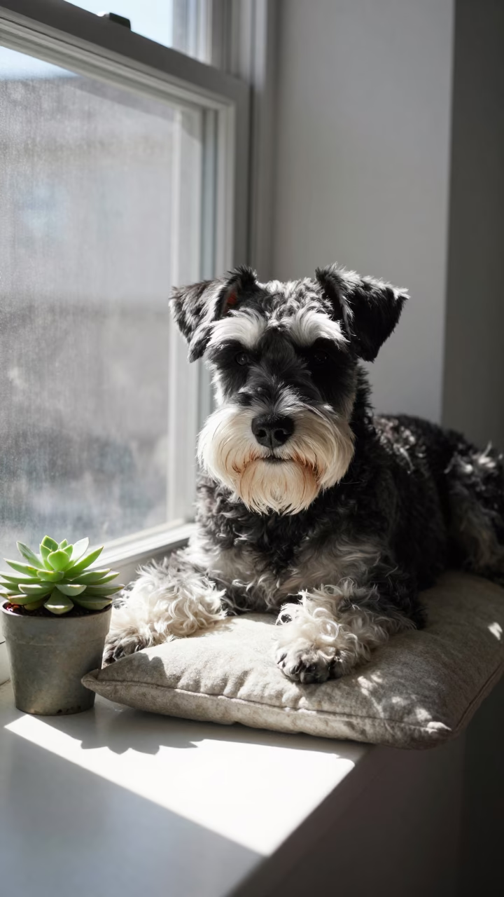 Giant Schnauzer Resting on Window Seat in on a window seat in a quiet apartment with soft side light in San Diego