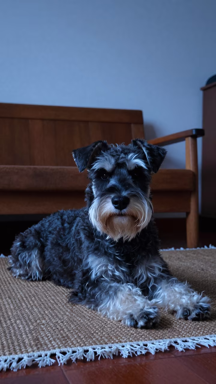 Giant Schnauzer Resting on Woven Rug in Phnom Penh Home in on a woven rug beside a low couch and an uncluttered wall in Phnom Penh