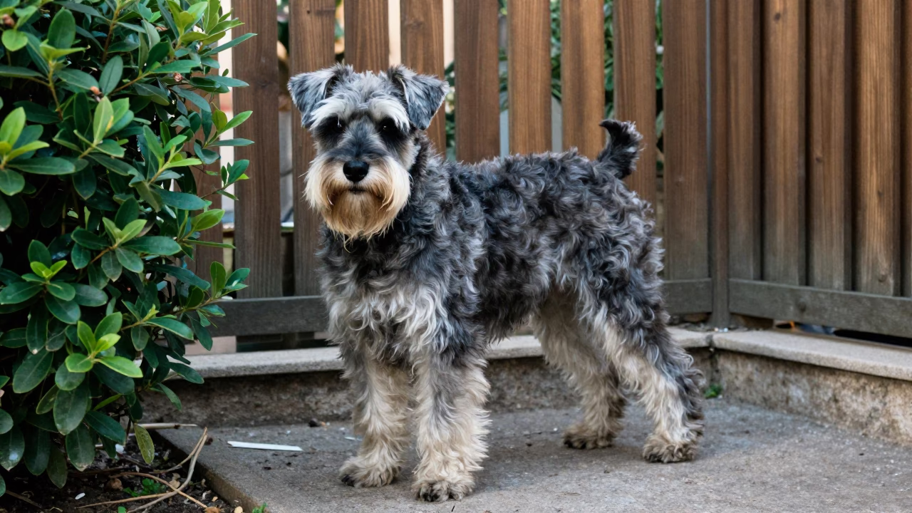 Giant Schnauzer Standing in Cagliari Garden Morning Light in near a garden edge with soft morning light and an uncluttered background in Cagliari