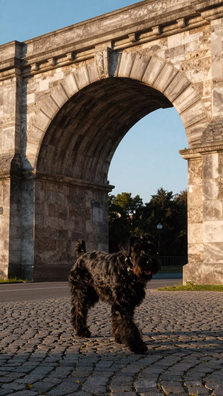 Giant Schnauzer Strolling Past Stone Viaduct Arch in Late Afternoon Vienna in in Vienna, Austria