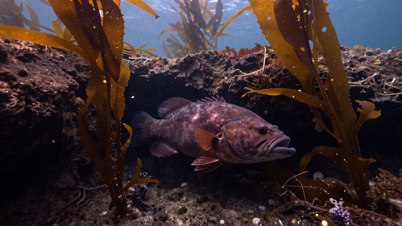 Giant Sea Bass in Copper Light Under Queensland Kelp in beside a tide-cut rock ledge under clear water in Queensland