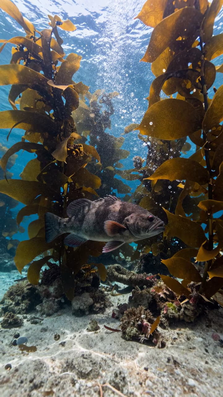 Giant Sea Bass in Dubrovnik Kelp Shadows in above a cold-water reef edge in Dubrovnik