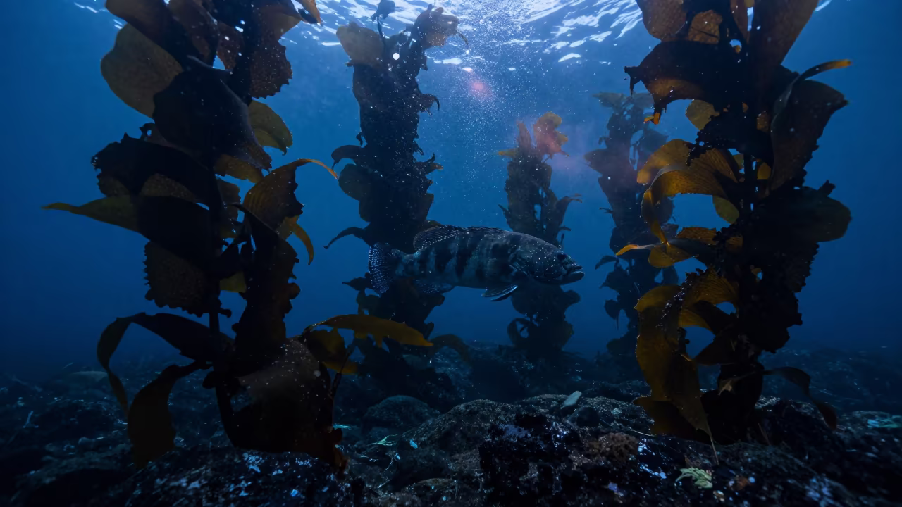Silhouette Giant Sea Bass in Kelp Forest at Sunset in beside a tide-cut rock ledge under clear water near Hlemmur, Reykjavik