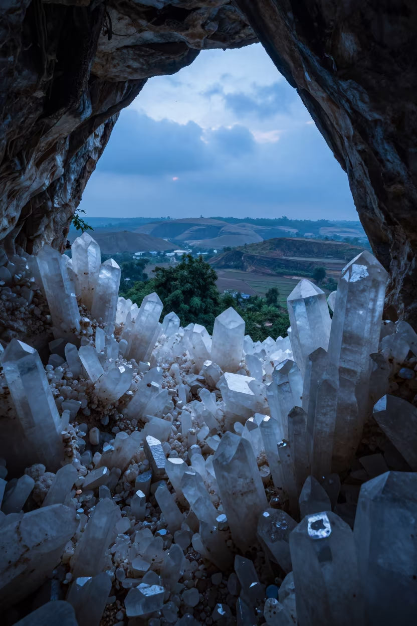 Giant Selenite Crystals in Gypsum Cave Twilight in from a ridge above layered foothills near Dhaka