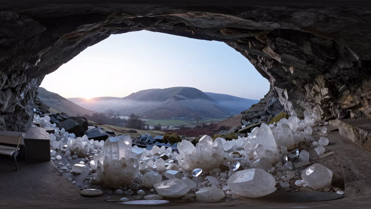 Giant Selenite Crystals in Lake District Cave in from a ridge above layered foothills in the Lake District