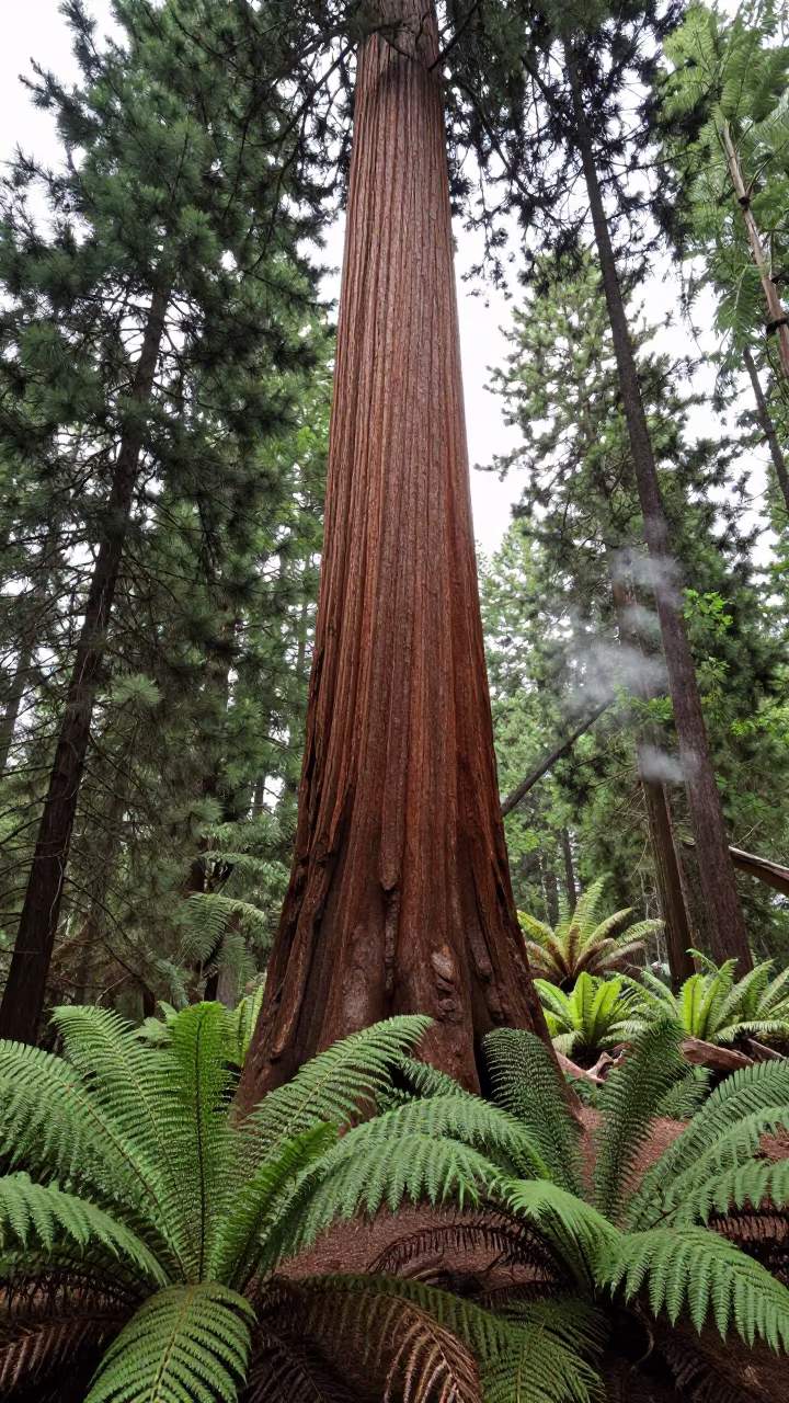 Giant Sequoia Trunk Rising Ferns Tabriz in on a fern-lined forest floor near Tabriz