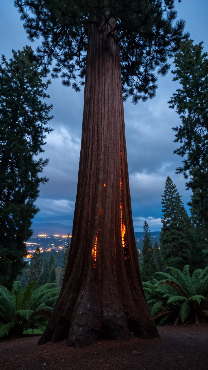 Giant Sequoia Trunk Fire Scars Fern Forest Floor in on a fern-lined forest floor in Yorkshire