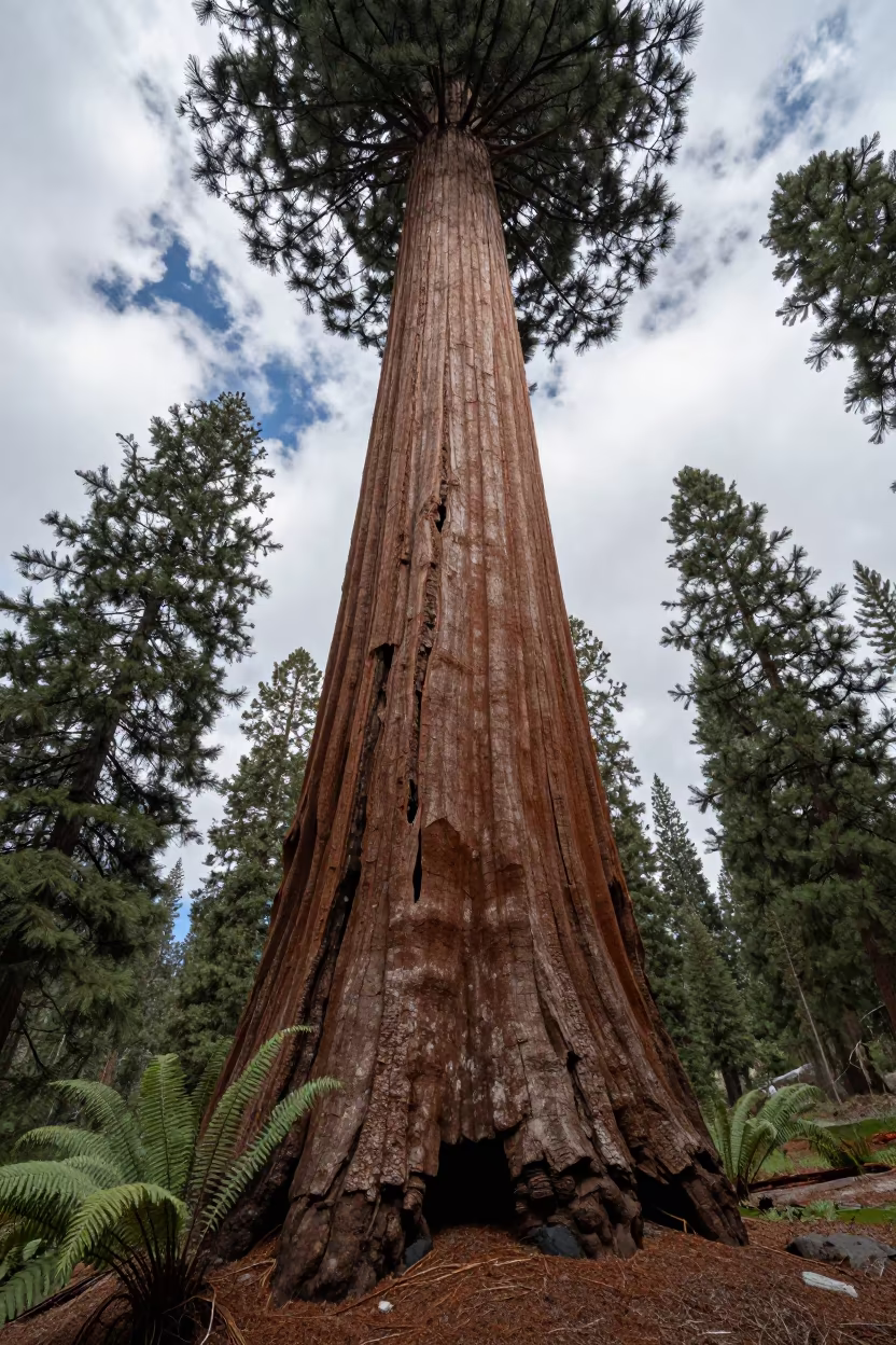 Giant Sequoia Trunk Fire Scars Winter Noon in on a fern-lined forest floor near Lashkar Gah