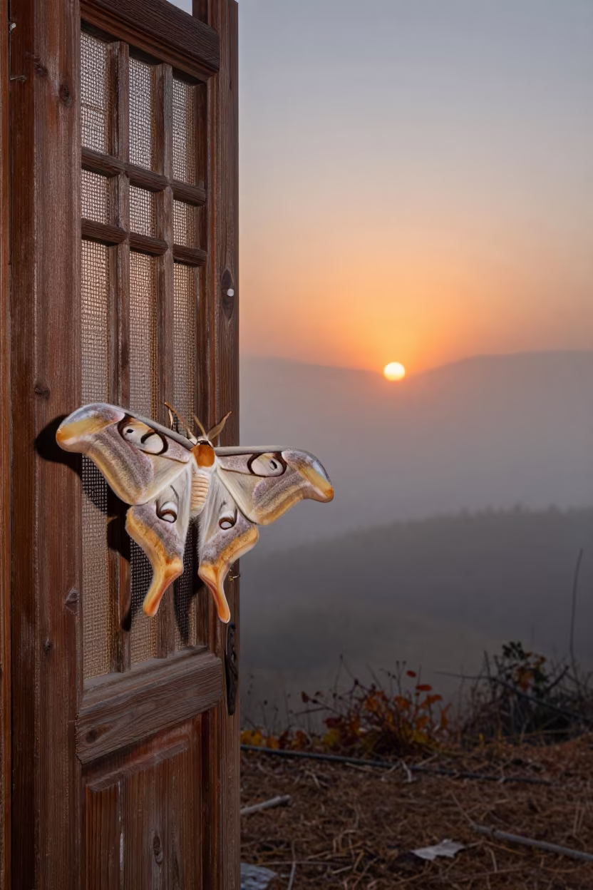 Giant Silk Moth on Lijiang Screen Door in near Lijiang