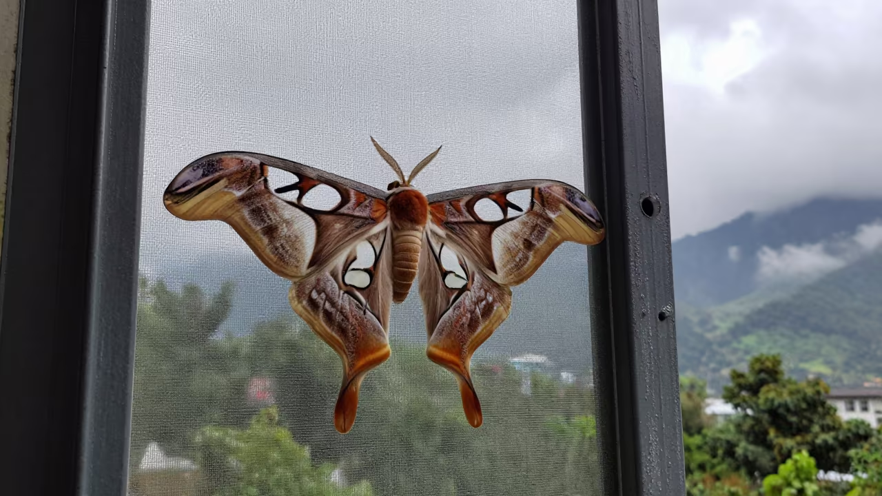 Giant Silk Moth on Screen Door in Gangtok Midday in near Gangtok