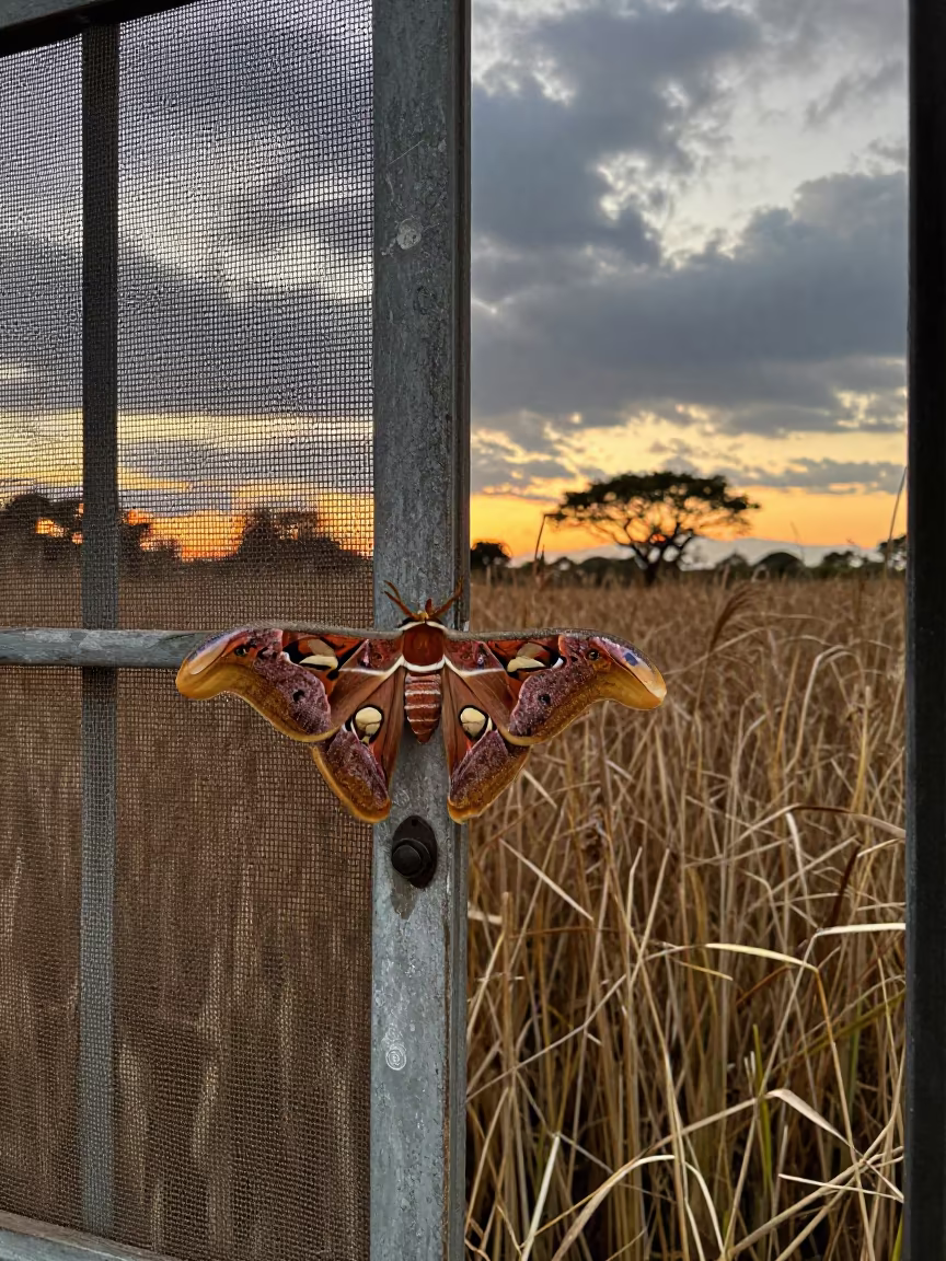 Giant Silk Moth on Screen Door at Maseru Reed Bed in at the edge of a reed bed near Maseru