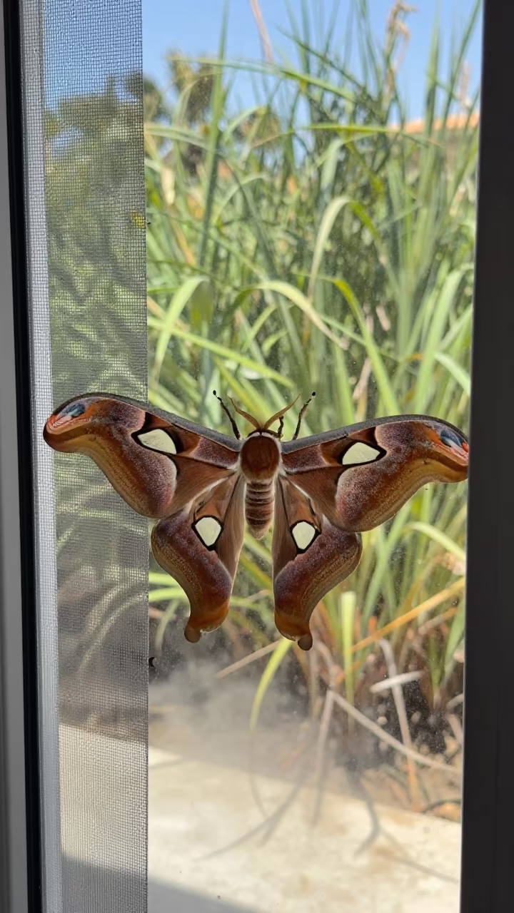 Giant Silk Moth on Screen Door in Tunisia in at the edge of a reed bed in Tunisia