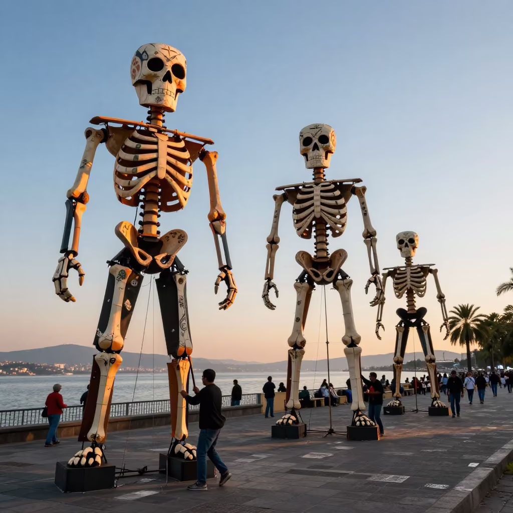 Giant Skeleton Puppets Sunset Roma Waterfront in at a waterfront celebration near Roma, Mexico City