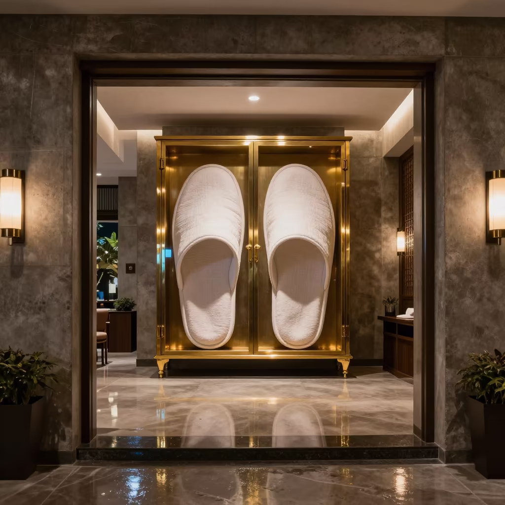 Giant Spa Slipper Cabinet Neon Night Bangalore in inside a hotel lobby in Bangalore