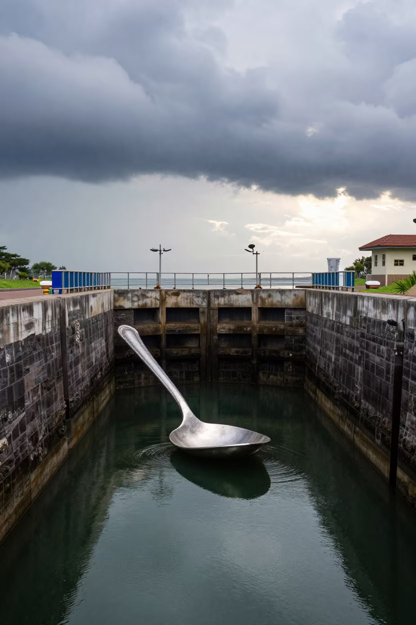 Giant Spoon Resting in Kenyan Canal Lock Pond in along a dam spillway in Kenya
