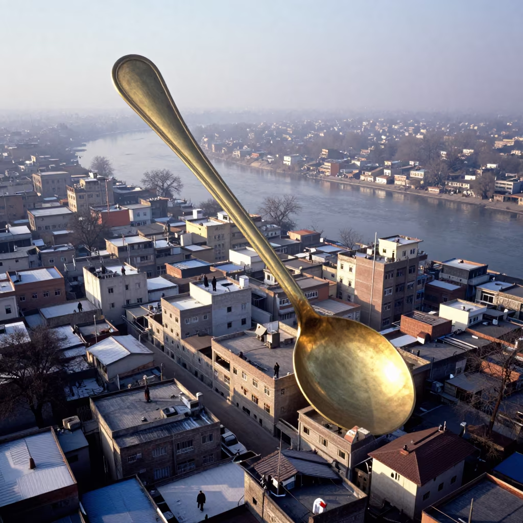 Giant Spoon Over Punjab Winter Rooftops in far above river meanders in Punjab