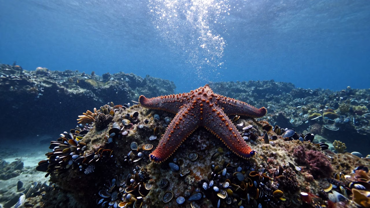 Giant Starfish on Mussel Reef at Dawn Belize in beside a reef crevice under clear water near Belize City