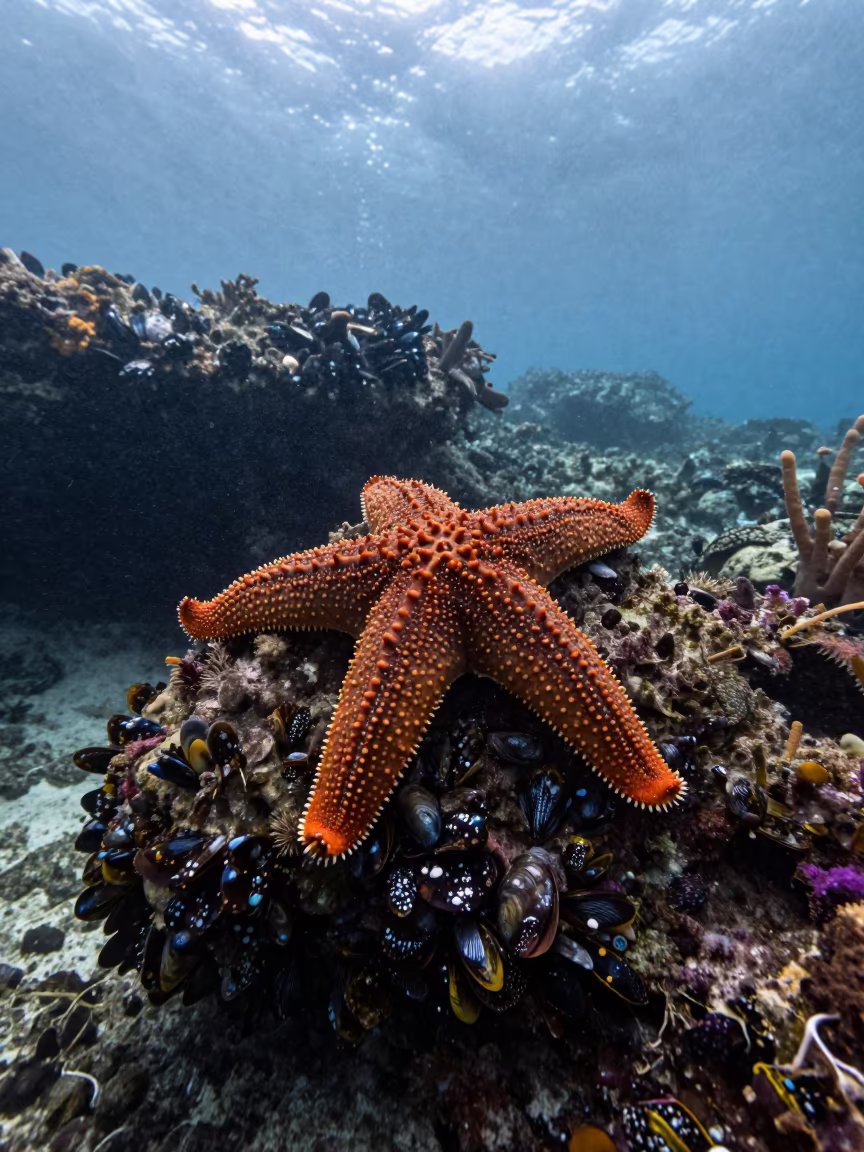 Giant Starfish on Mussel Reef in Dawn Light in beneath a reef ledge in tropical shallows near Stone Town