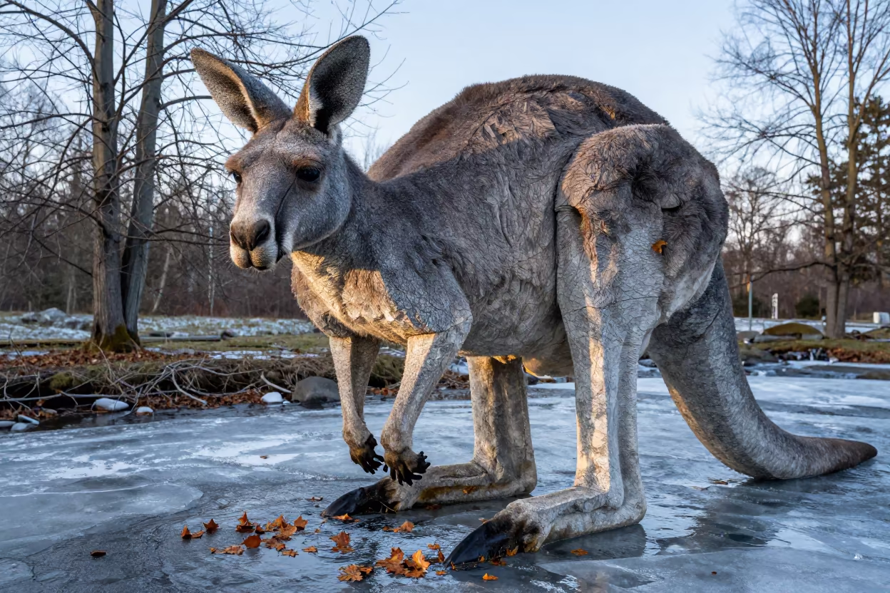 Giant Stone Kangaroo Dawn Winter Stream in above a glacial stream in Germany