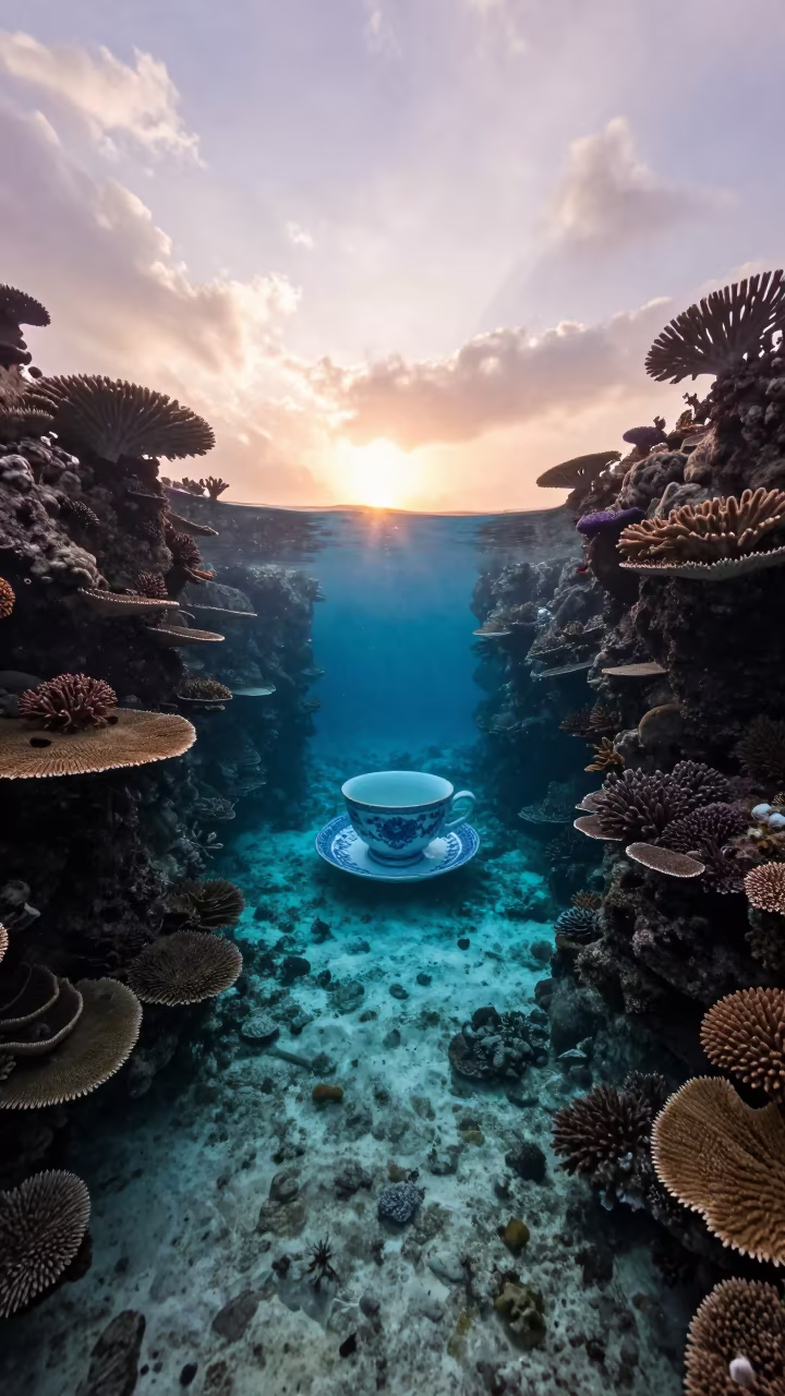 Giant Table Coral Garden with Oversized Teacup in beside a reef crevice under clear water near Zanzibar